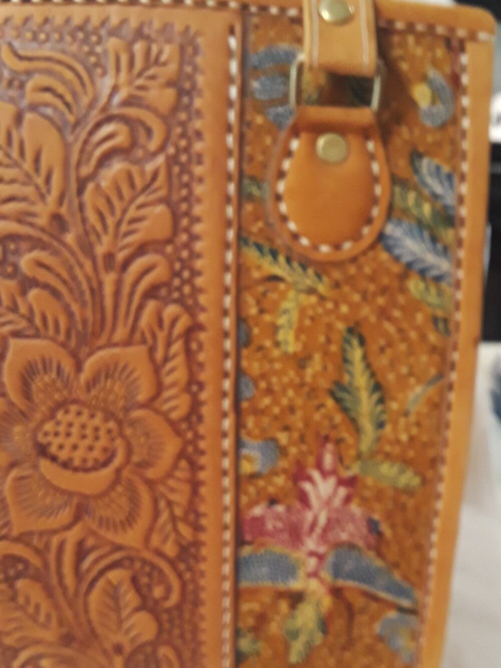 Shoulder Bag Leather Hand Tooled/Painted Floral Suede Lined Boho Vintage Tote - Picture 6 of 16